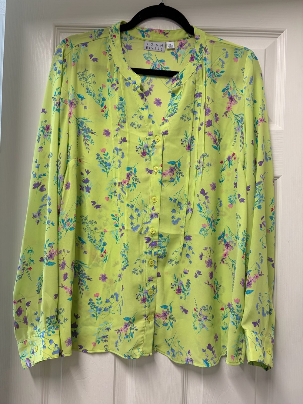 Joan Rivers Lime Green Floral Pintuck Button-Front Blouse (NWOT)